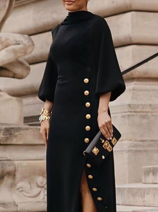 Elegant Puff-Sleeve Maxi Dress – Button Details and Side Slit