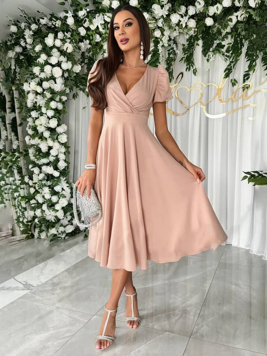 Elegant Puff-Sleeve Midi Dress with Flared Skirt
