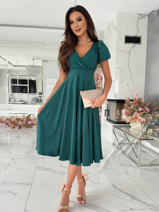 Elegant Puff-Sleeve Midi Dress with Flared Skirt