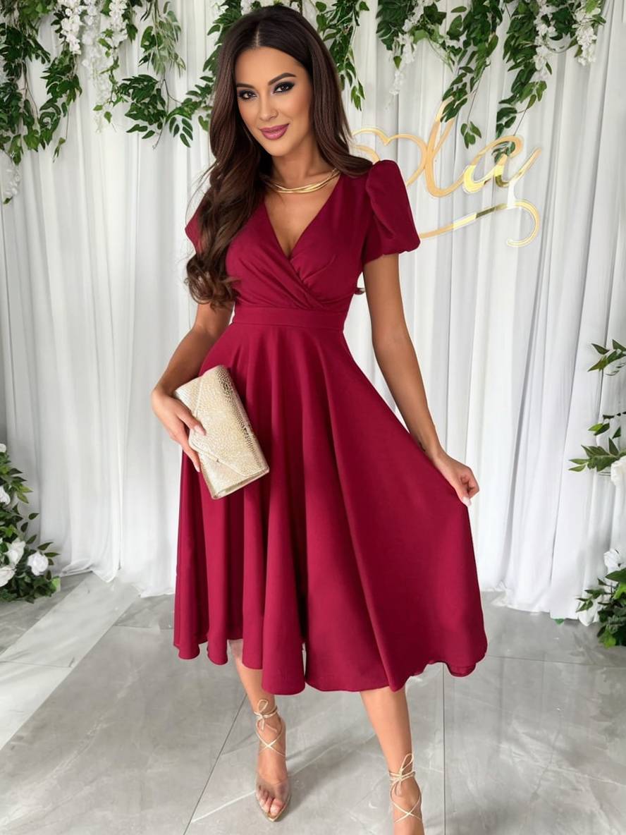 Elegant Puff-Sleeve Midi Dress with Flared Skirt