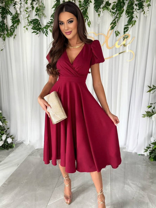 Elegant Puff-Sleeve Midi Dress with Flared Skirt