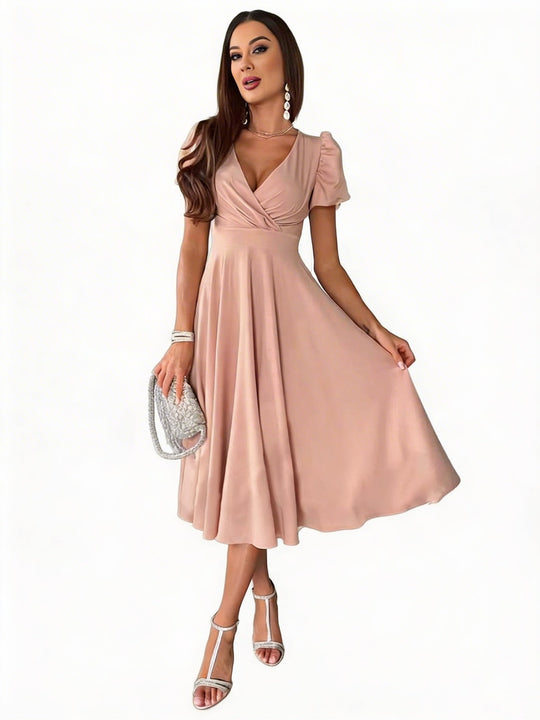 Elegant Puff-Sleeve Midi Dress with Flared Skirt