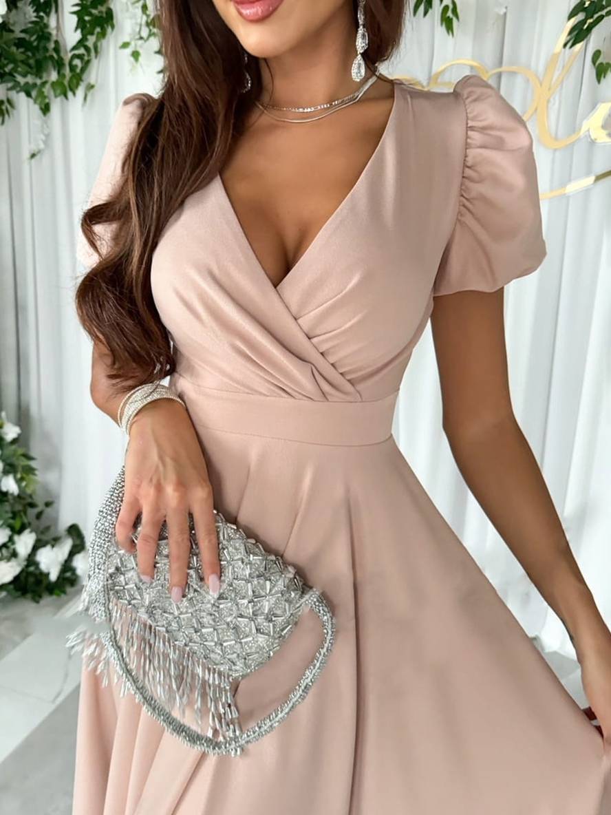 Elegant Puff-Sleeve Midi Dress with Flared Skirt