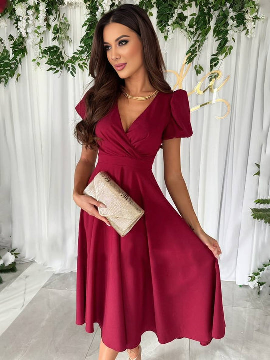 Elegant Puff-Sleeve Midi Dress with Flared Skirt