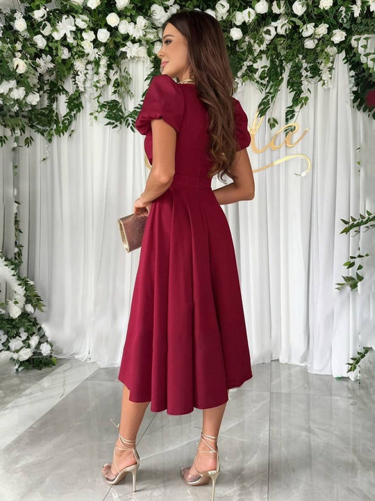 Elegant Puff-Sleeve Midi Dress with Flared Skirt