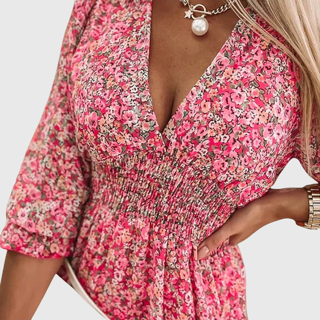 Elisa Floral Mini Dress – Smocked Waist and Puff Sleeves