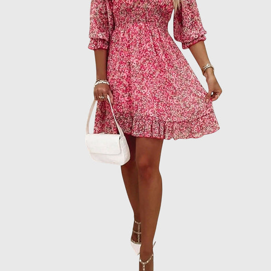 Elisa Floral Mini Dress – Smocked Waist and Puff Sleeves