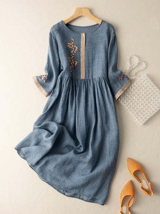 Embroidered Cotton-Linen Bohemian Midi Dress