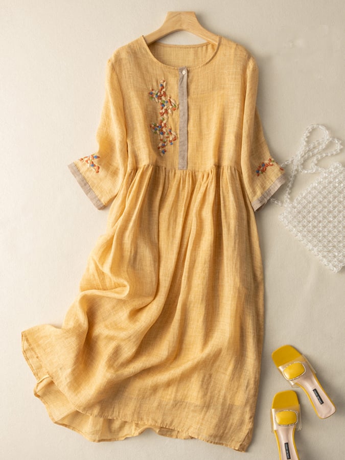 Embroidered Cotton-Linen Bohemian Midi Dress
