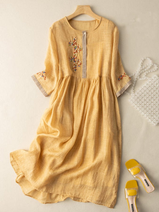Embroidered Cotton-Linen Bohemian Midi Dress