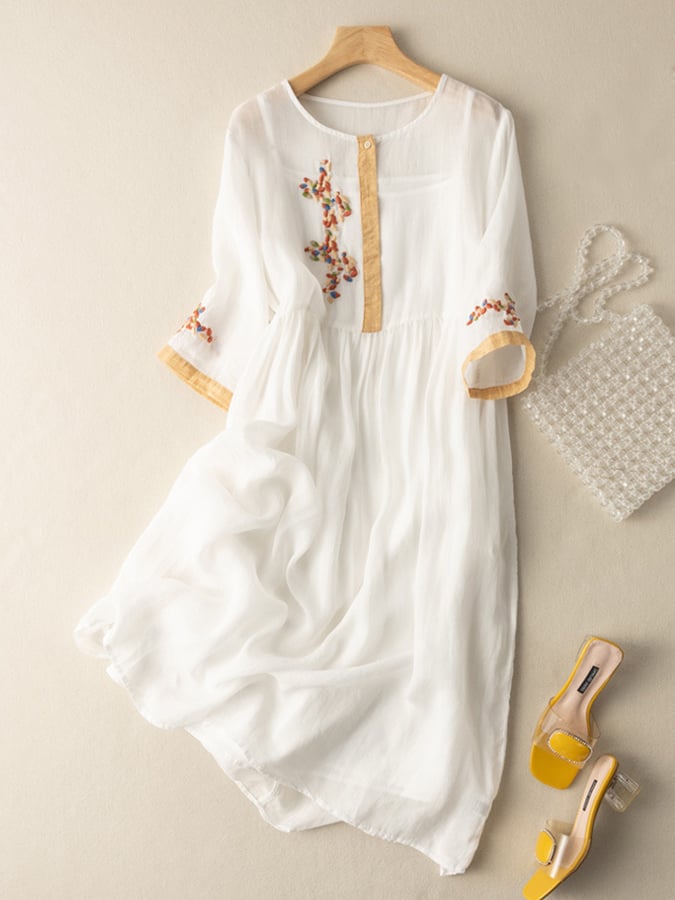 Embroidered Cotton-Linen Bohemian Midi Dress