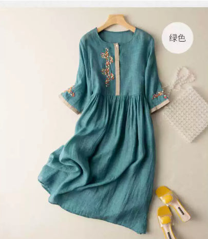 Embroidered Cotton-Linen Bohemian Midi Dress