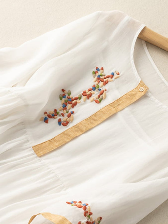 Embroidered Cotton-Linen Bohemian Midi Dress