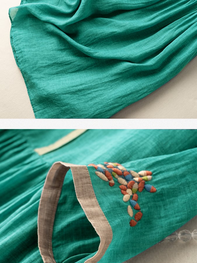 Embroidered Cotton-Linen Bohemian Midi Dress