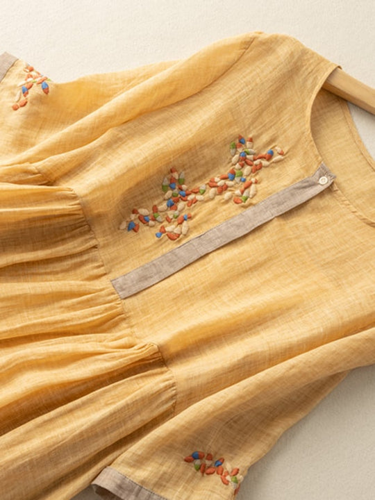 Embroidered Cotton-Linen Bohemian Midi Dress