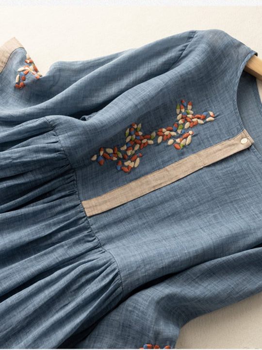 Embroidered Cotton-Linen Bohemian Midi Dress