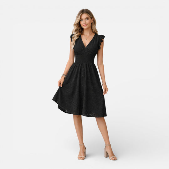 Embroidered Lace V-Neck Midi Dress with Ruffled Sleeves