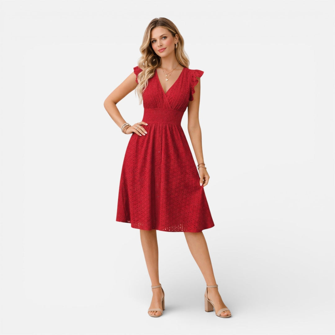 Embroidered Lace V-Neck Midi Dress with Ruffled Sleeves