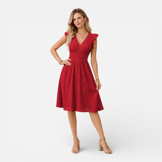 Embroidered Lace V-Neck Midi Dress with Ruffled Sleeves