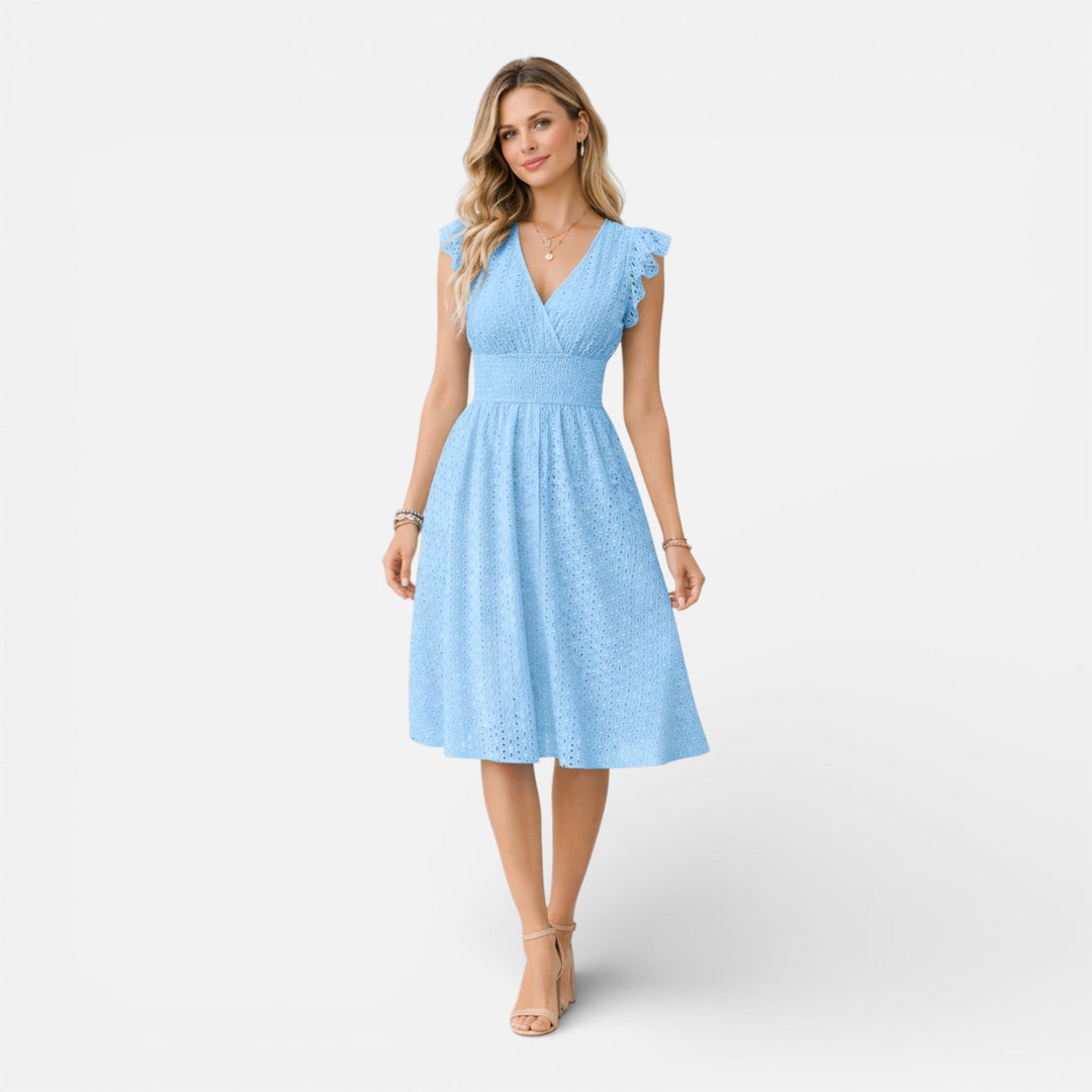 Embroidered Lace V-Neck Midi Dress with Ruffled Sleeves