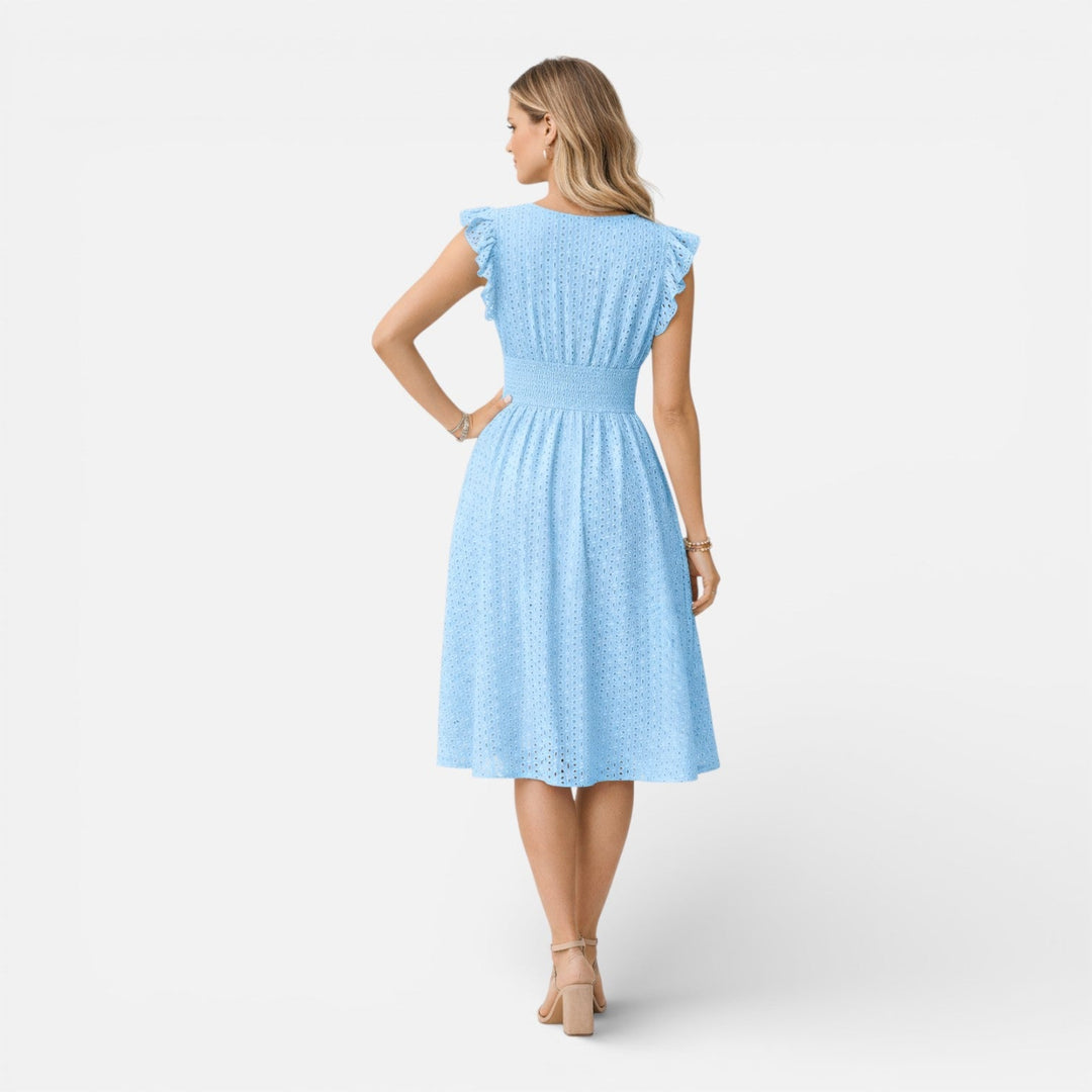 Embroidered Lace V-Neck Midi Dress with Ruffled Sleeves