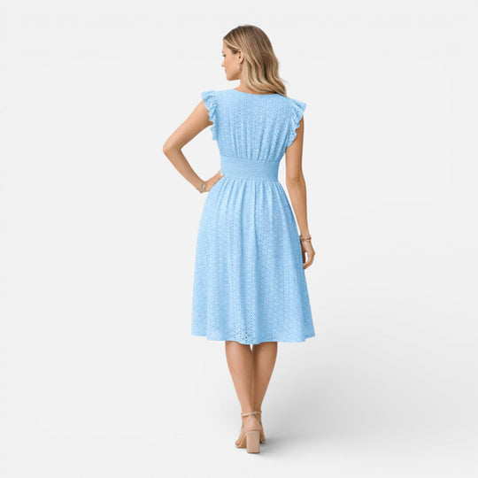 Embroidered Lace V-Neck Midi Dress with Ruffled Sleeves