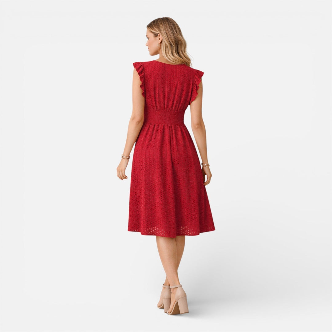 Embroidered Lace V-Neck Midi Dress with Ruffled Sleeves