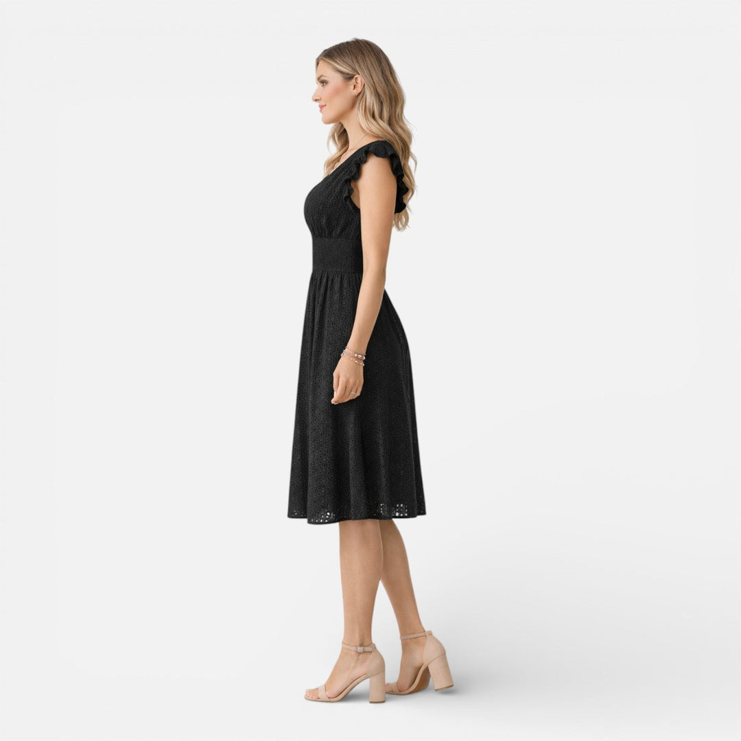 Embroidered Lace V-Neck Midi Dress with Ruffled Sleeves