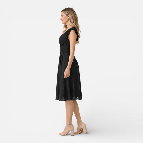 Embroidered Lace V-Neck Midi Dress with Ruffled Sleeves