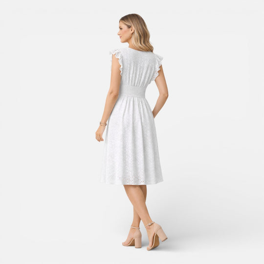 Embroidered Lace V-Neck Midi Dress with Ruffled Sleeves
