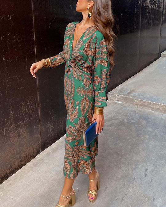Fitted V-Neck Midi Dress with Back Zip
