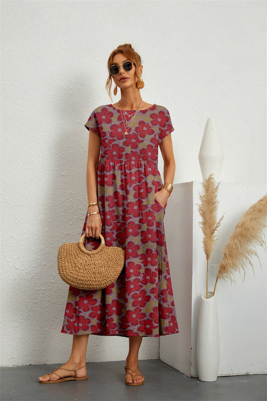 Floral Cotton-Linen Midi Dress with Short Sleeves