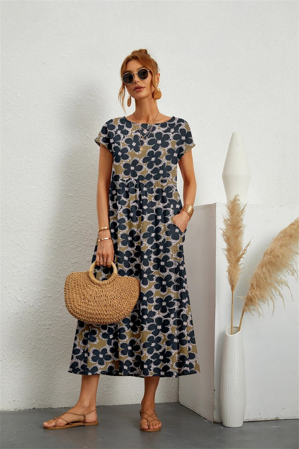 Floral Cotton-Linen Midi Dress with Short Sleeves