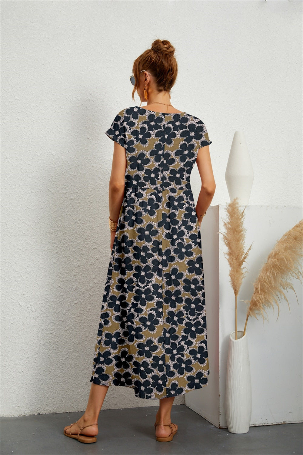 Floral Cotton-Linen Midi Dress with Short Sleeves