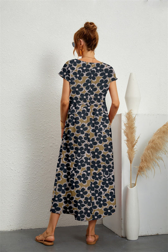 Floral Cotton-Linen Midi Dress with Short Sleeves