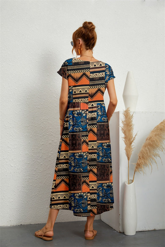 Floral Cotton-Linen Midi Dress with Short Sleeves