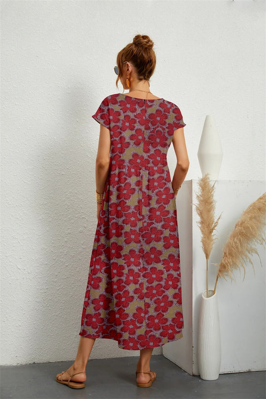 Floral Cotton-Linen Midi Dress with Short Sleeves