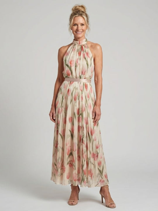 Floral Halter-Neck Midi Dress for Summer