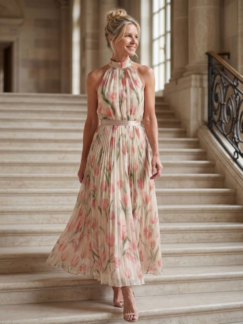 Floral Halter-Neck Midi Dress for Summer