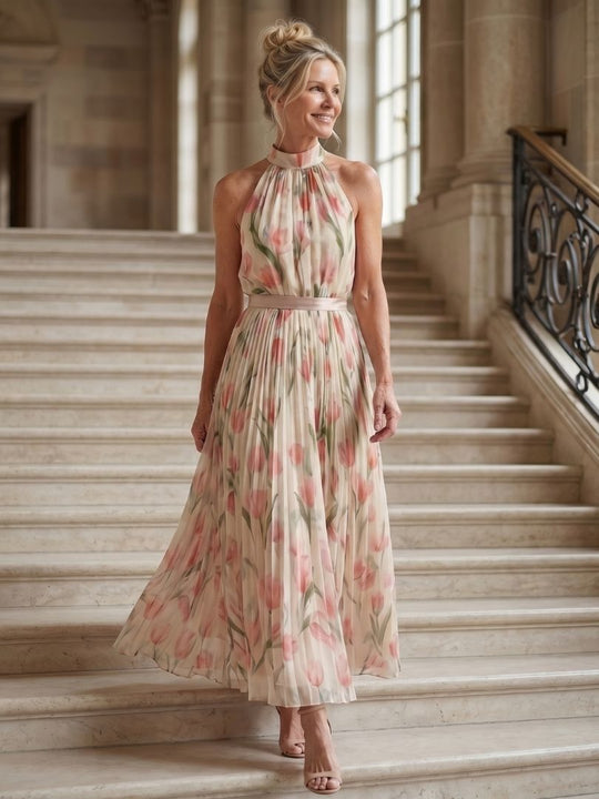Floral Halter-Neck Midi Dress for Summer