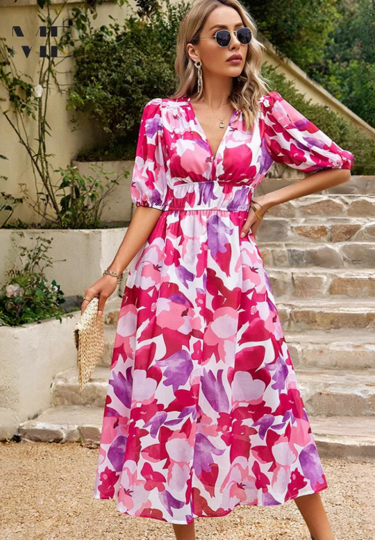 Floral Midi Dress with Puff Sleeves and Defined Waist