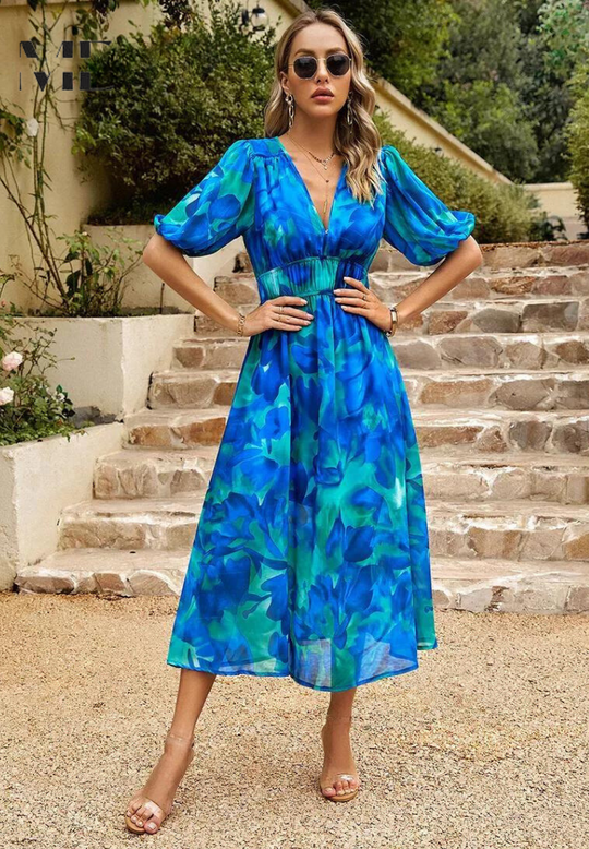 Floral Midi Dress with Puff Sleeves and Defined Waist