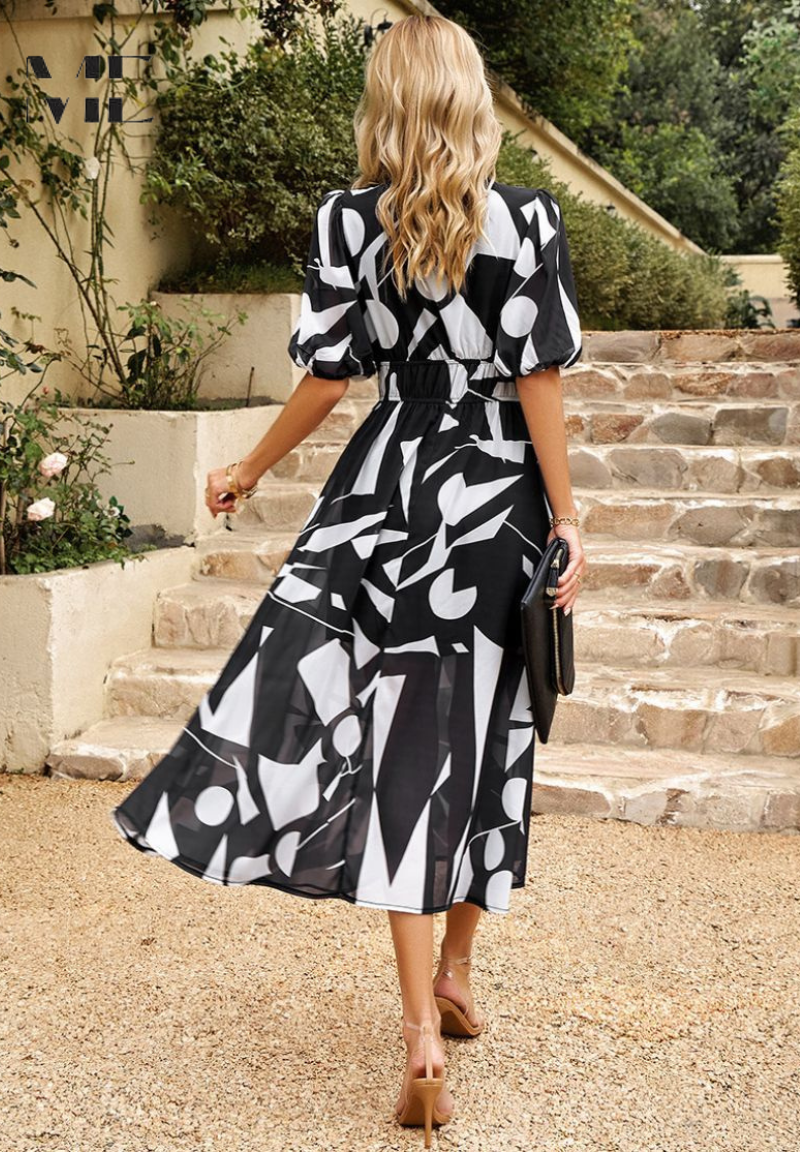 Floral Midi Dress with Puff Sleeves and Defined Waist