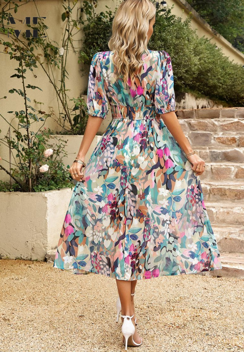 Floral Midi Dress with Puff Sleeves and Defined Waist