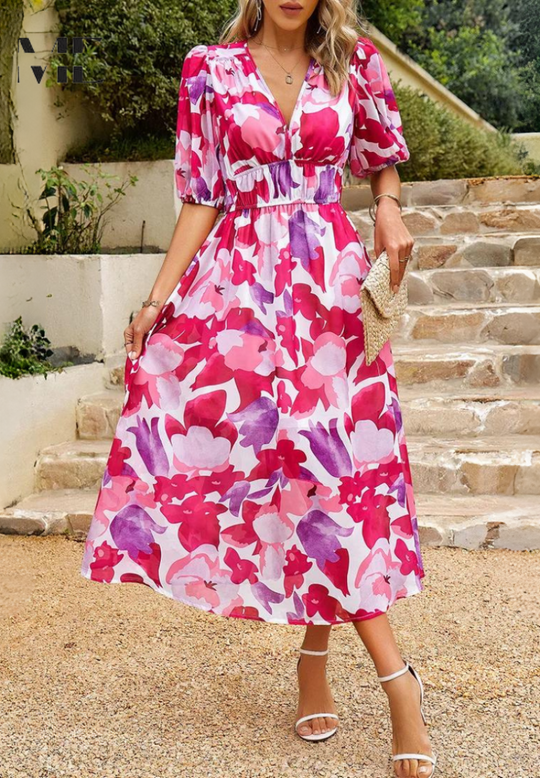 Floral Midi Dress with Puff Sleeves and Defined Waist