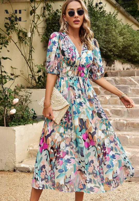 Floral Midi Dress with Puff Sleeves and Defined Waist