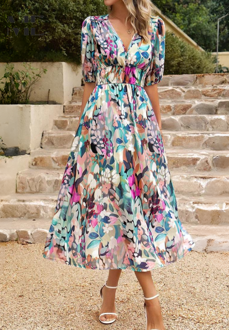 Floral Midi Dress with Puff Sleeves and Defined Waist