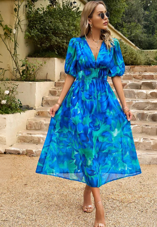 Floral Midi Dress with Puff Sleeves and Defined Waist