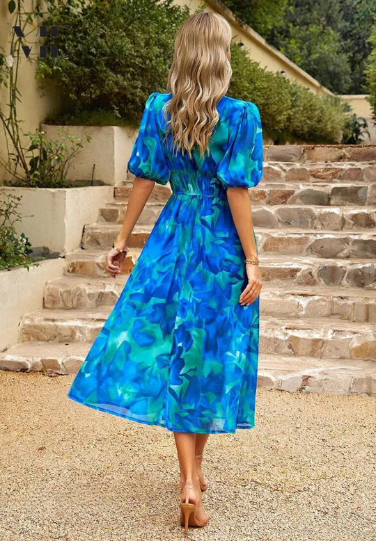 Floral Midi Dress with Puff Sleeves and Defined Waist