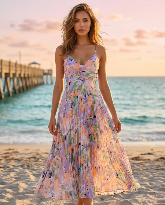 Floral Pleated Midi Dress with V-Neck
